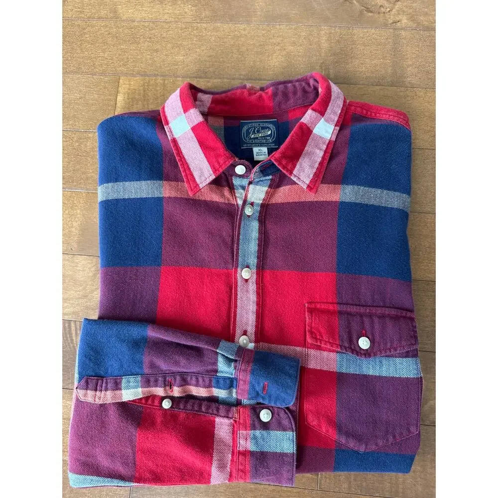 J.CREW New York Mens Red Flannel Plaid Shirt Long Sleeve Half Button XL